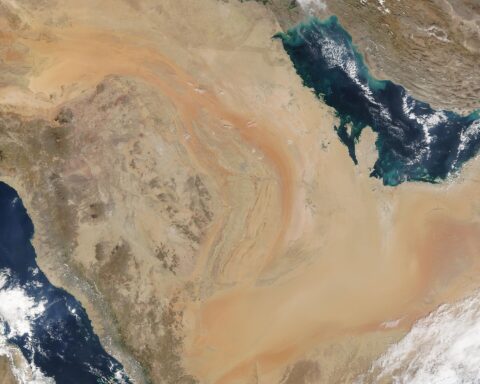 NASA MODIS satellite image of the Arabian Peninsula showing the Persian Gulf (Hormuz) and Red Sea (Bab al-Mandeb) on Saudi Arabia's eastern and western flanks