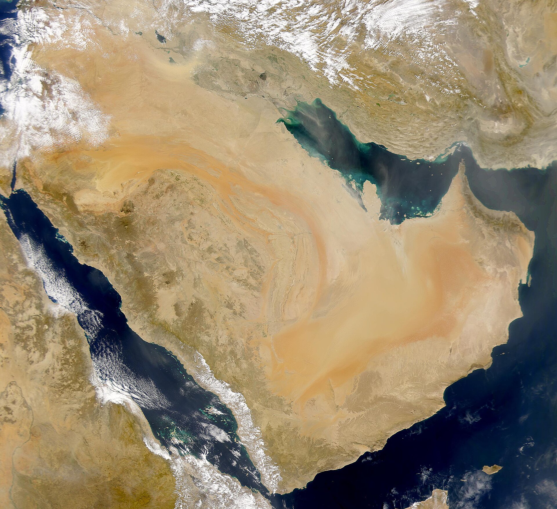 NASA SeaWiFS satellite view of the Arabian Peninsula showing Saudi Arabia, Persian Gulf, Red Sea, and Hormuz Strait