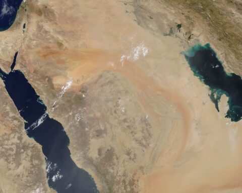 NASA MODIS satellite view of the Arabian Peninsula, showing the Red Sea (left), Persian Gulf (right), and Sea of Oman — the three bodies of water named by Iranian General Abdollahi as targets for export interdiction