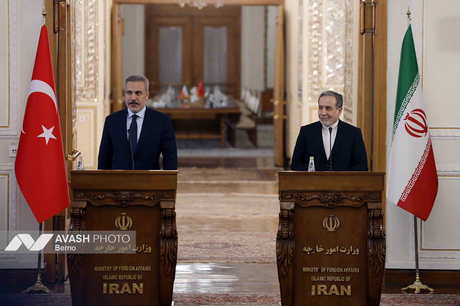 Iranian Foreign Minister Abbas Araghchi and Turkish Foreign Minister Hakan Fidan at joint press conference at the Islamic Republic of Iran Ministry of Foreign Affairs, November 2025