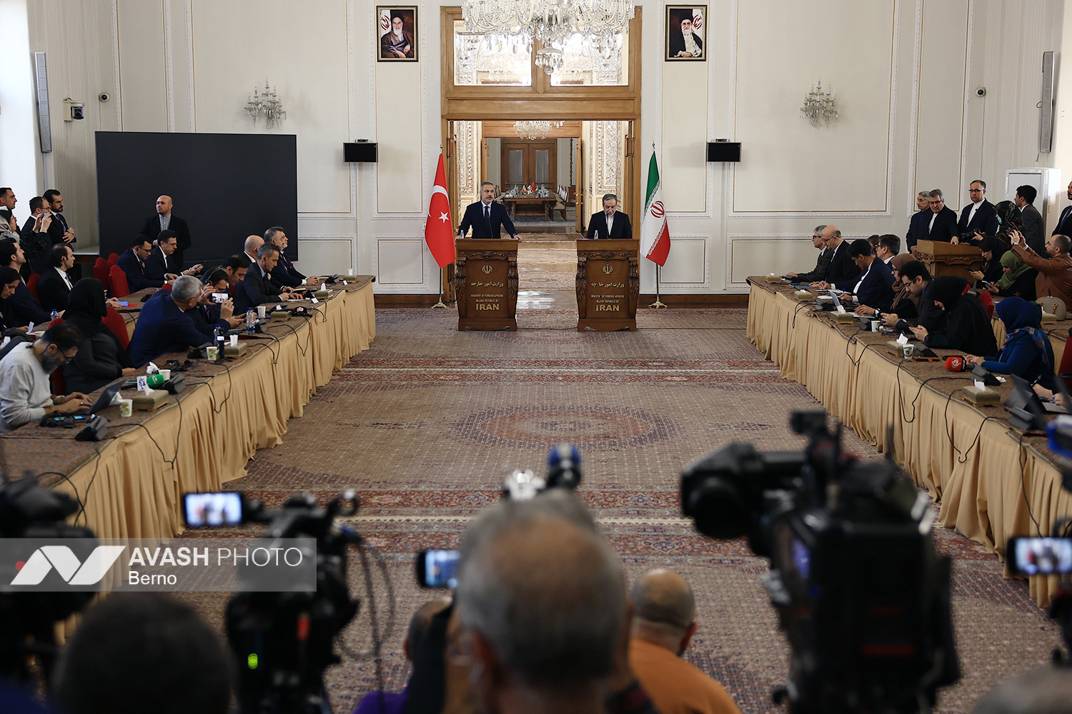 Iranian FM Araghchi at joint press conference with Turkish counterpart Fidan at the Iranian Foreign Ministry, November 2025 — the same diplomatic circuit pattern as his April 2026 Islamabad-Muscat-St. Petersburg shuttle