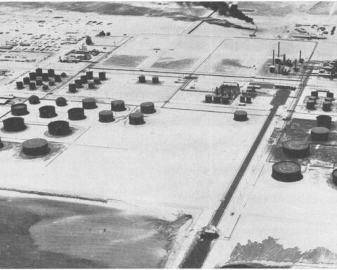 Aerial view of Aramco Ras Tanura oil refinery and storage tank farm, Eastern Province, Saudi Arabia