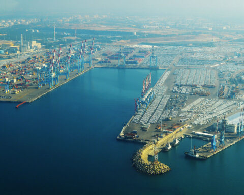 Aerial view of Ashdod Port and naval base on Israel's southern Mediterranean coast, showing container terminals and naval berths