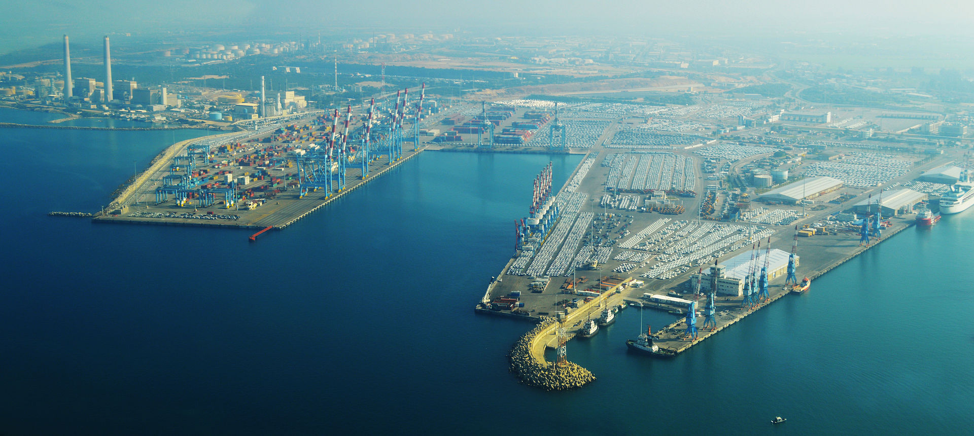 Aerial view of Ashdod Port and naval base on Israel's southern Mediterranean coast, showing container terminals and naval berths