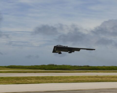 A B-2 Spirit stealth bomber takes off from Naval Support Facility Diego Garcia — the same aircraft that struck Fordow, Natanz, and Isfahan in June 2025, producing what Trump now calls Iran's 'nuclear dust.' Photo: US Air Force / Public Domain