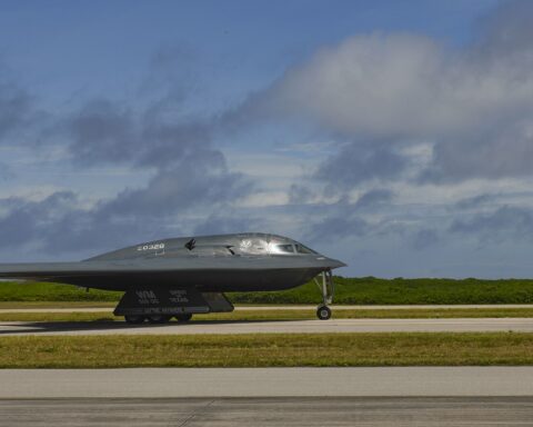 B-2 Spirit stealth bomber on runway at Diego Garcia Naval Support Facility before takeoff