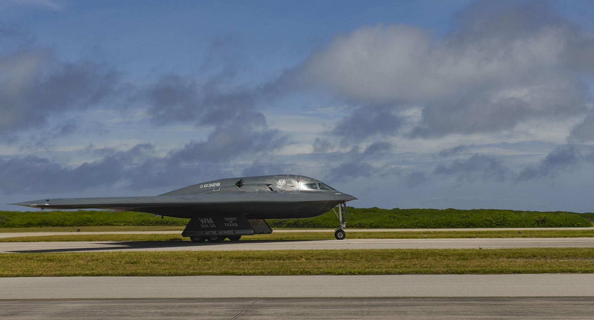 B-2 Spirit stealth bomber on runway at Diego Garcia Naval Support Facility before takeoff