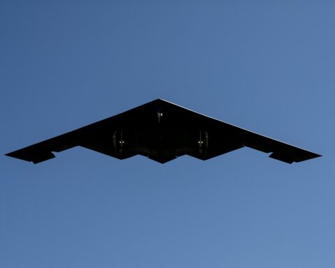 B-2 Spirit stealth bomber in flight — the US Air Force platform used in strikes on Iranian infrastructure including the Karaj B1 bridge