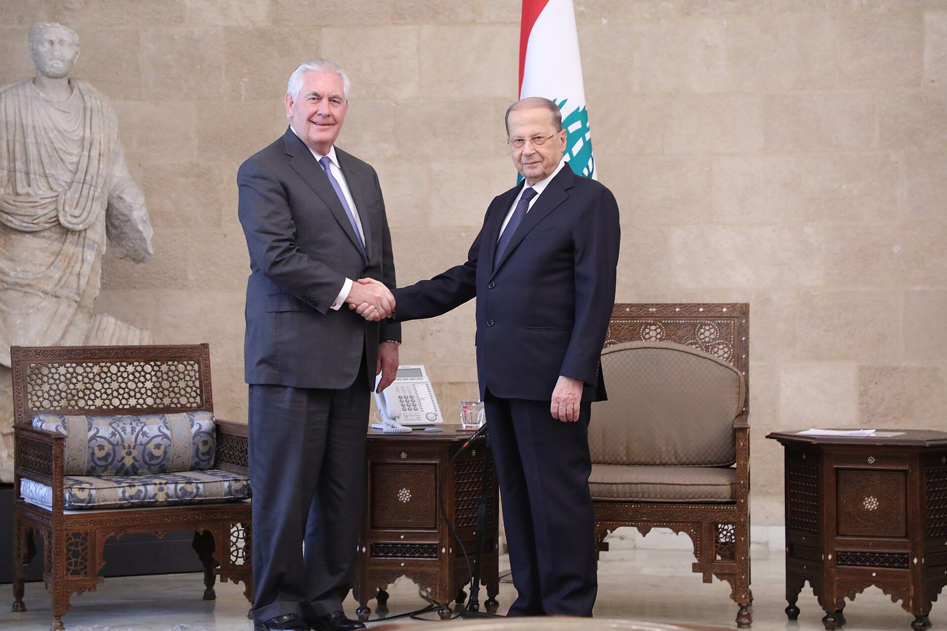 US Secretary of State Rex Tillerson meets Lebanese President Michel Aoun at Baabda Presidential Palace, Beirut, February 2018 — the same ceremonial reception hall where Prince Yazid bin Farhan met President Joseph Aoun in April 2026