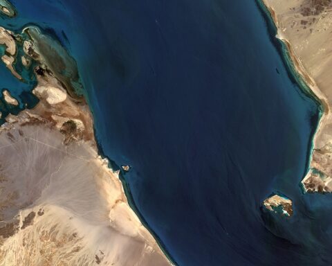 Satellite view of Bab al-Mandab strait between Yemen and Djibouti — the 20-mile-wide chokepoint through which 90 percent of Yanbu-loaded VLCCs must pass on their way to Asian markets