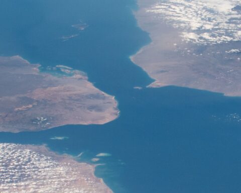 Bab al-Mandeb strait from the ISS — the narrow gap between Yemen (right) and Djibouti (left) visible from orbit. NASA / Public Domain