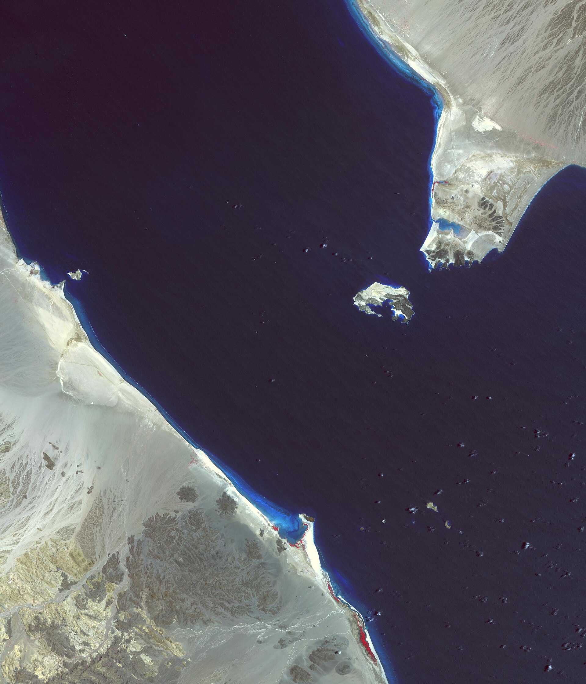 NASA ASTER satellite image of the Bab el-Mandeb strait connecting the Red Sea to the Gulf of Aden, between Yemen and the Horn of Africa