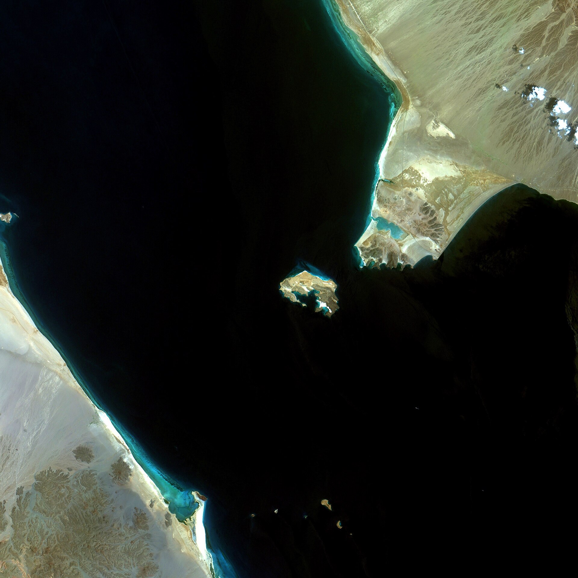 Satellite image of the Bab-el-Mandeb strait between the Red Sea and Gulf of Aden — the chokepoint Saudi Arabia's Petroline bypass route depends on, and which Iran can threaten via Houthi proxy operations