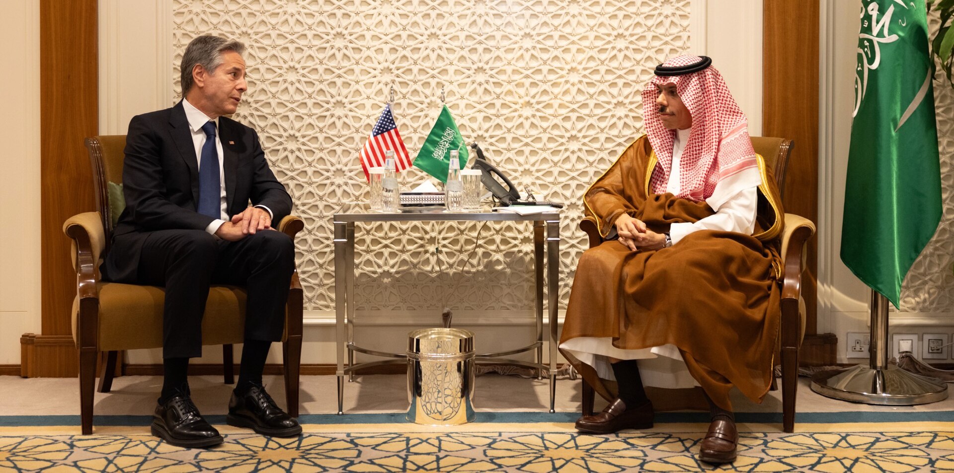 US Secretary of State Antony Blinken meets Saudi Foreign Minister Prince Faisal bin Farhan at the Ministry of Foreign Affairs, Riyadh, October 2023