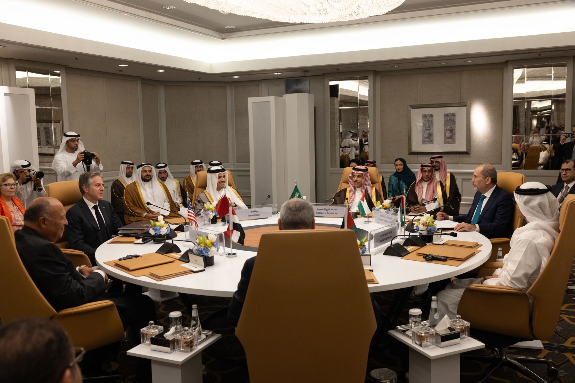 Blinken meets Gulf foreign ministers at Quint meeting in Riyadh, April 2024 — Saudi Arabia, Qatar, Egypt, Jordan, UAE and Palestinian Authority; the multilateral format the Iran war fracture has placed under structural strain