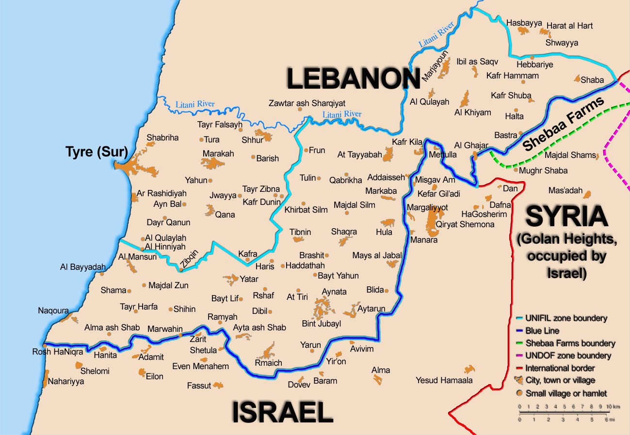 UN Blue Line demarcation between Lebanon and Israel, showing southern Lebanese villages north of the border including Bint Jubayl, Tyre and the Litani River — the geographic area now encompassed by the Israeli-imposed Yellow Line buffer zone