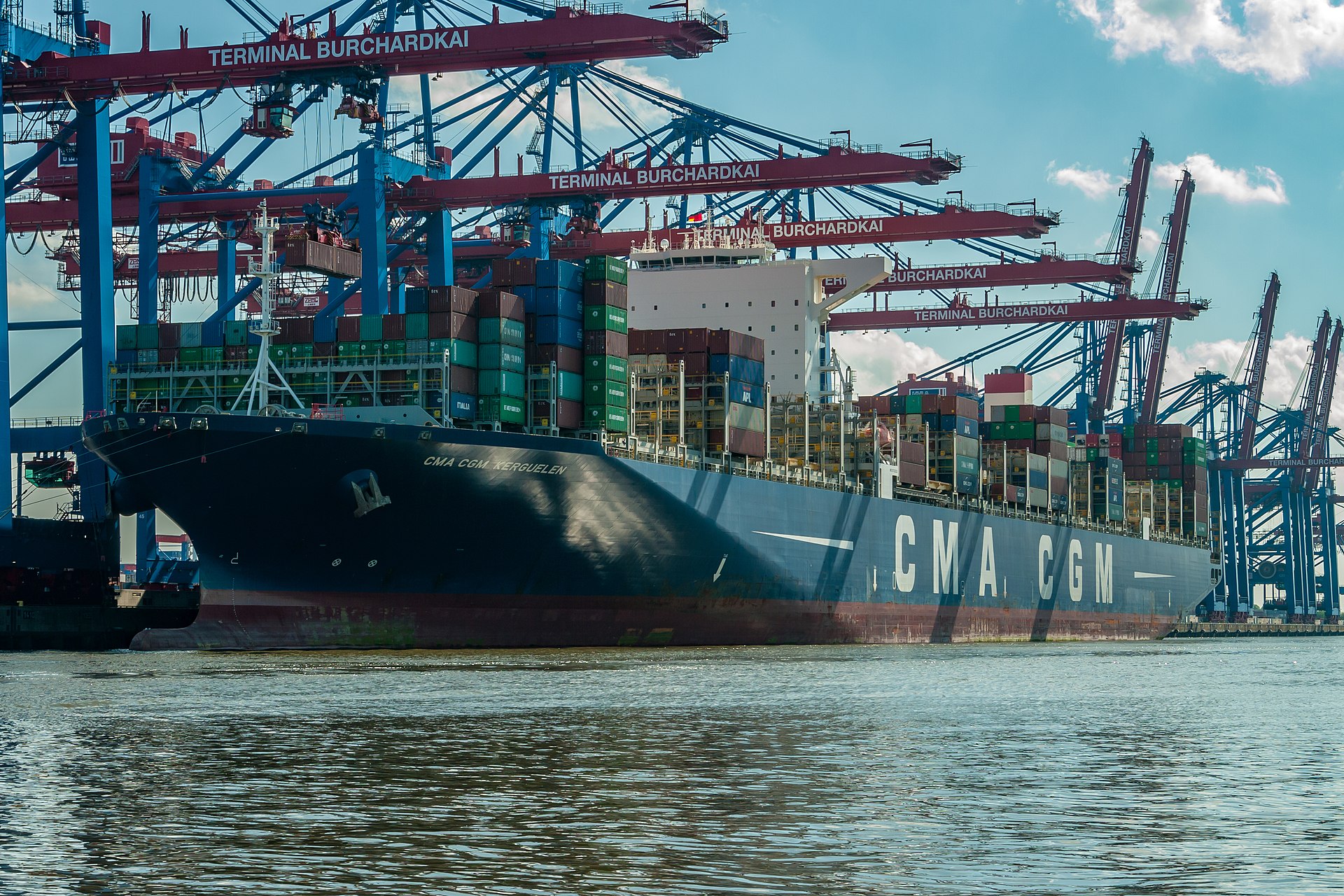 CMA CGM Kerguelen, a large container vessel operated by French carrier CMA CGM, at Hamburg terminal — CMA CGM is the world's third-largest container shipping group and the operator of the Everglade, struck by IRGC gunfire in the Strait of Hormuz on April 18, 2026