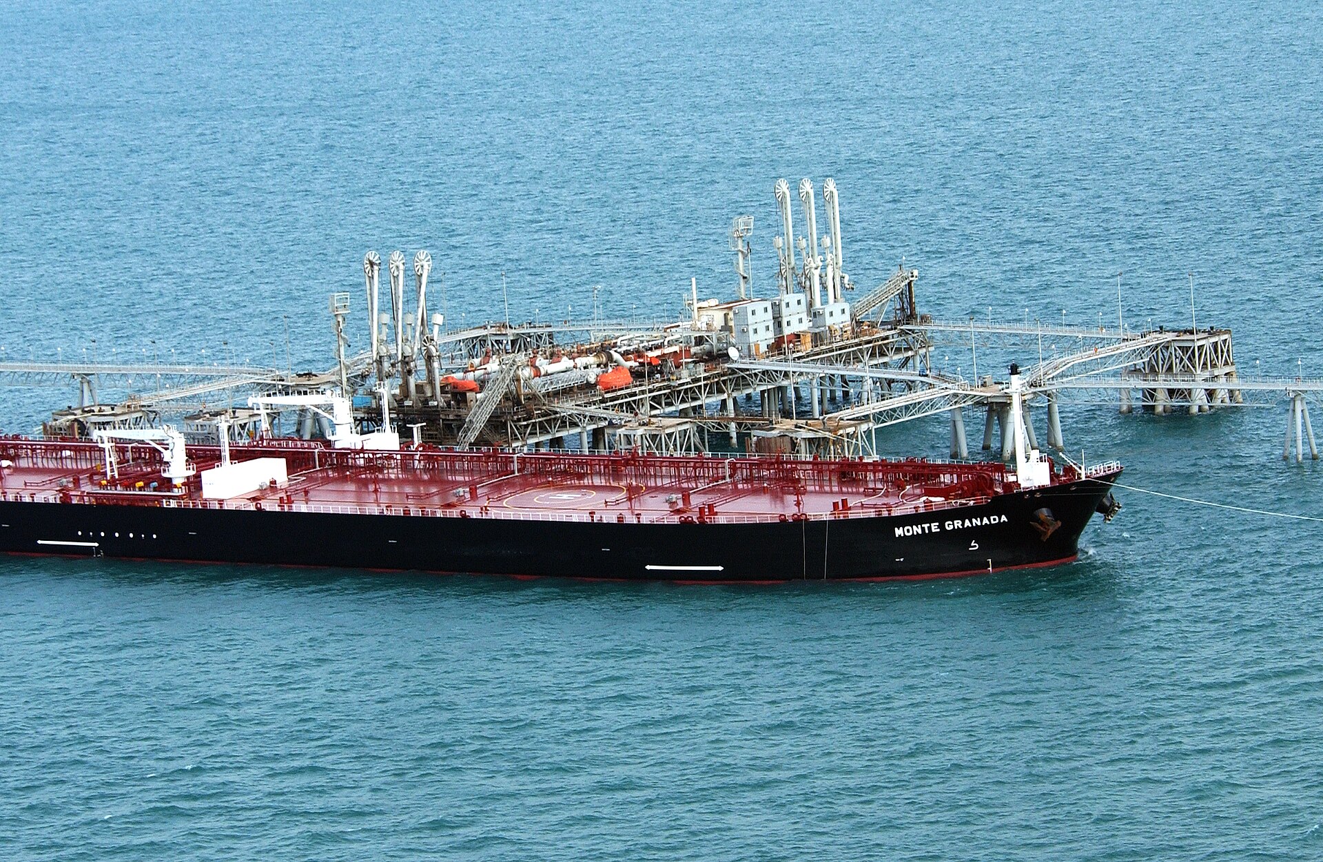 Crude oil tanker Monte Granada loading at an offshore terminal in the Persian Gulf — one of hundreds of VLCCs that depend on unimpeded transit through the Strait of Hormuz