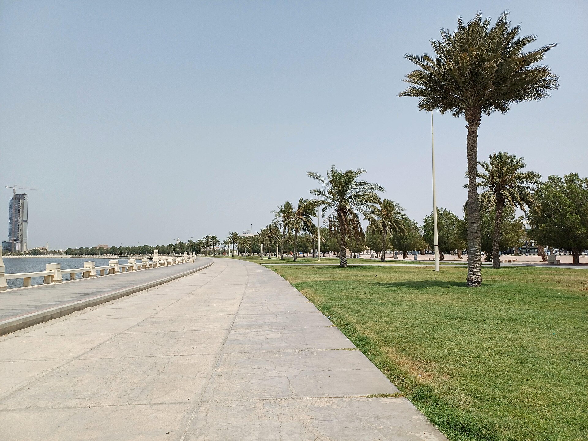 Palm-lined walkway along the Dammam Corniche with Arabian Gulf views