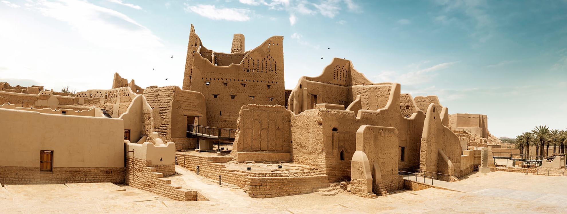Panoramic view of the Diriyah Gate development showing restored Najdi buildings and modern infrastructure in Diriyah, Saudi Arabia