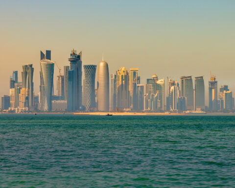 Doha West Bay skyline seen from across the water, the diplomatic and financial capital of Qatar