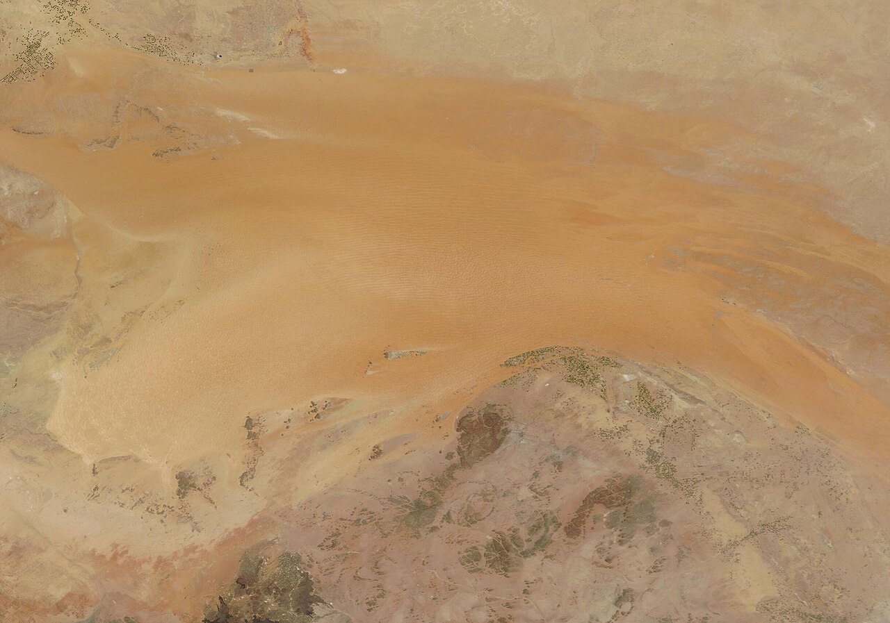 Aerial satellite view of the Al-Nafud red sand desert in northern Saudi Arabia