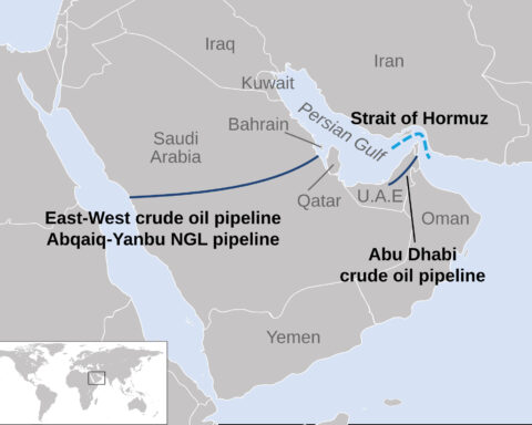 Map showing the East-West Crude Oil Pipeline (Petroline) route from Abqaiq in the Eastern Province to Yanbu on the Red Sea, bypassing the Strait of Hormuz