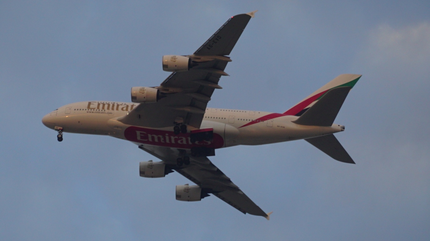 An Emirates Airbus A380 on approach to King Abdulaziz International Airport in Jeddah