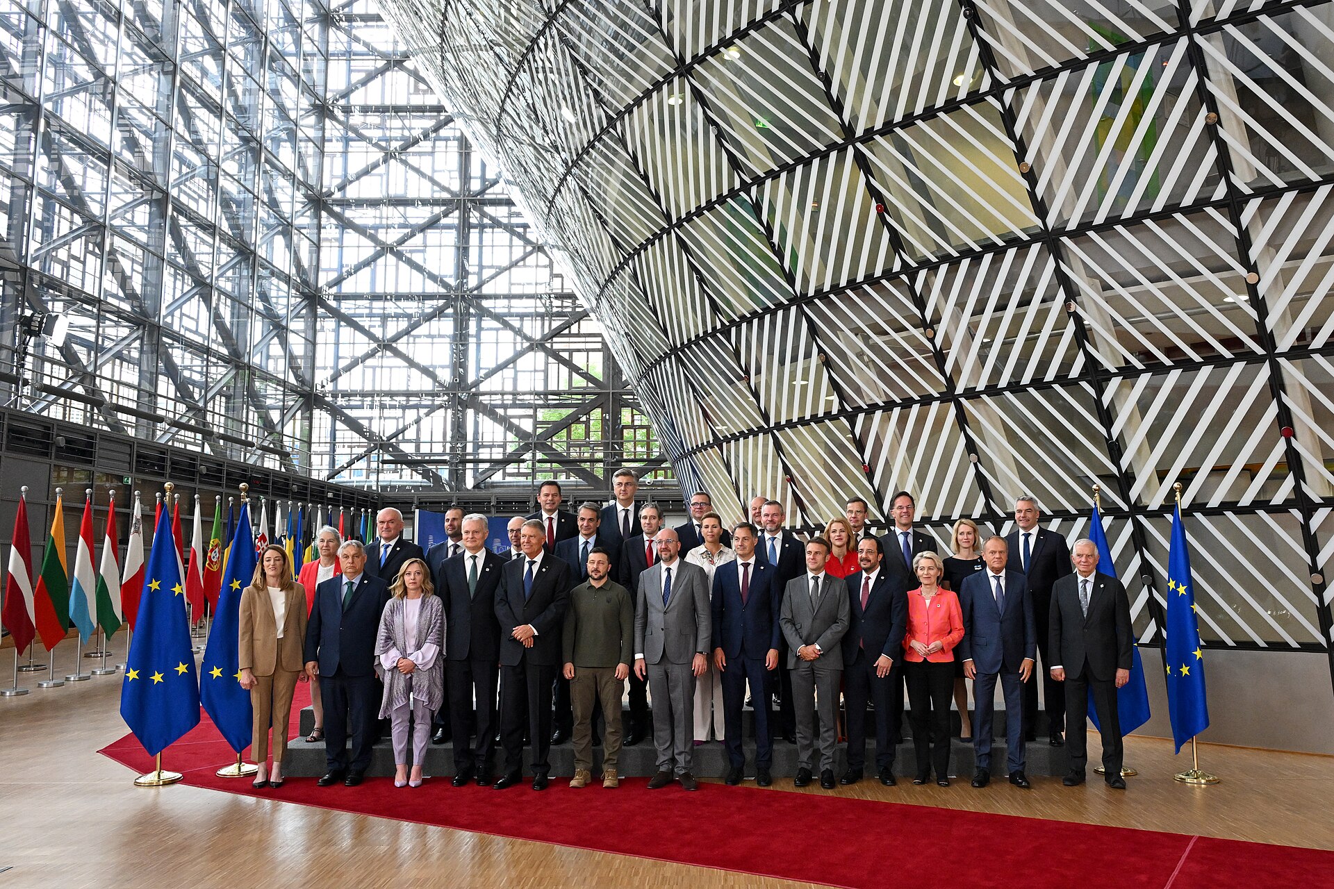 EU leaders group photo at European Council summit in Brussels, June 2024, inside the Europa building