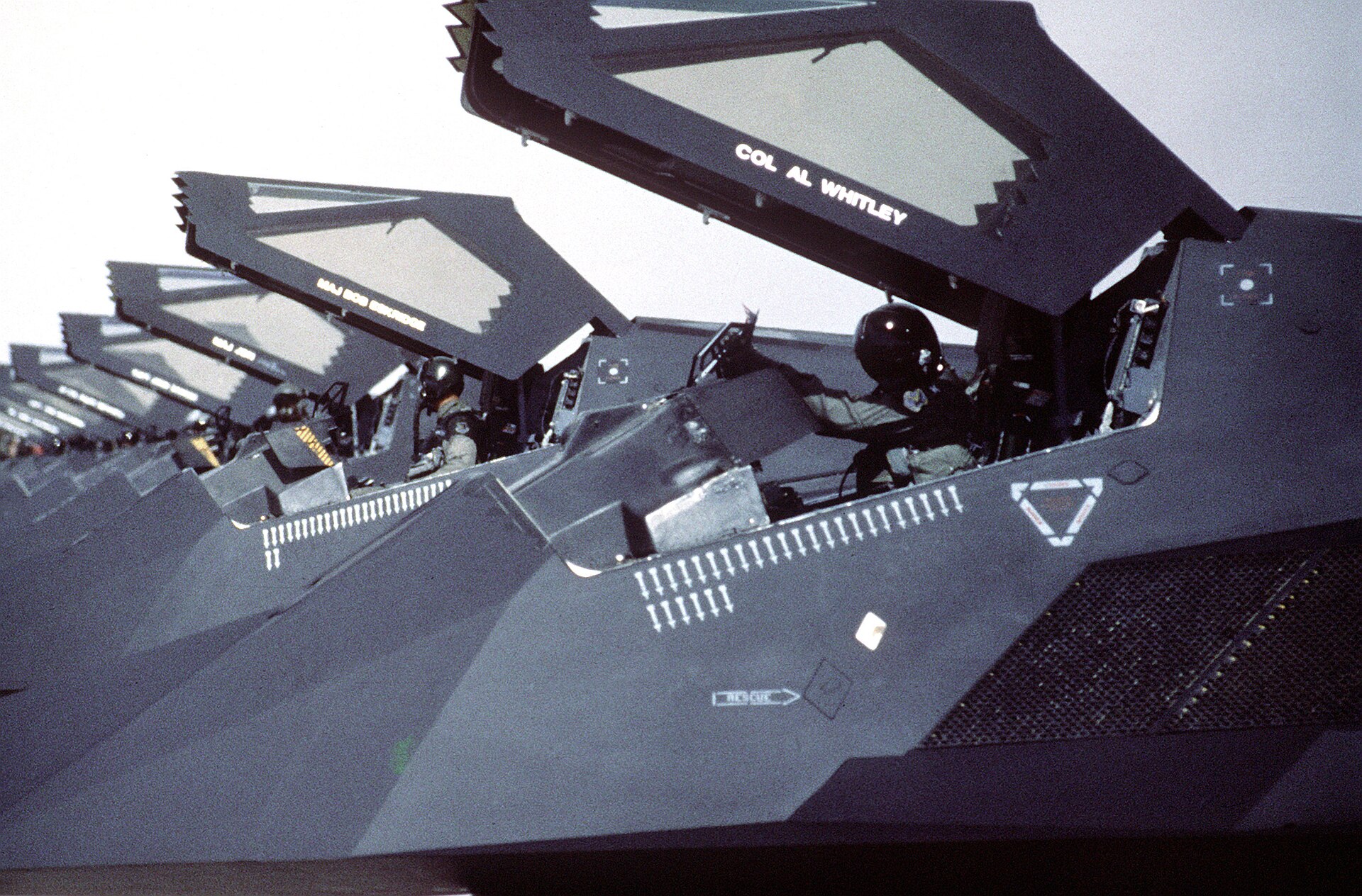F-117 Nighthawk stealth aircraft of the 37th Tactical Fighter Wing on the flight line following Operation Desert Storm in Saudi Arabia, 1991