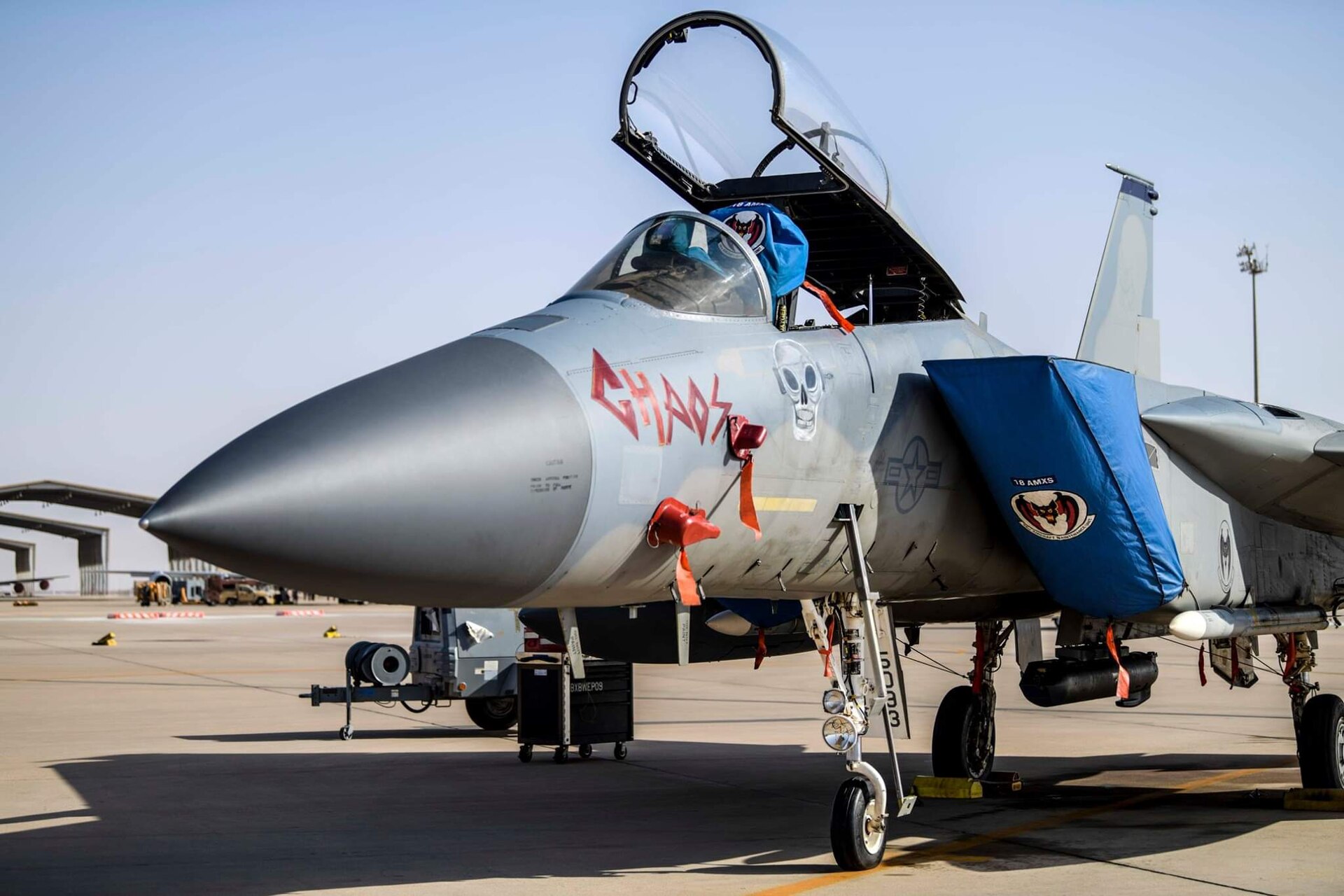 USAF F-15C of the 44th EFS parked on the ramp at Prince Sultan Air Base, Saudi Arabia — the base struck by Iranian ballistic missiles on March 27, 2026, destroying AWACS and tanker aircraft on the ground