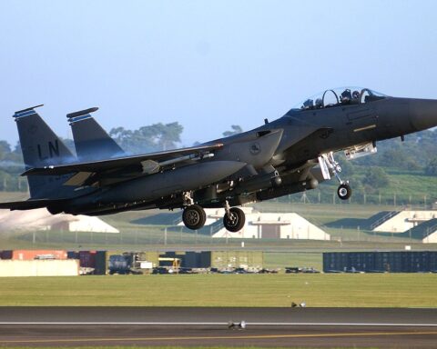 F-15E Strike Eagle assigned to 494th Fighter Squadron takes off from RAF Lakenheath, England, loaded for combat deployment — the unit type shot down over Iran on April 3, 2026