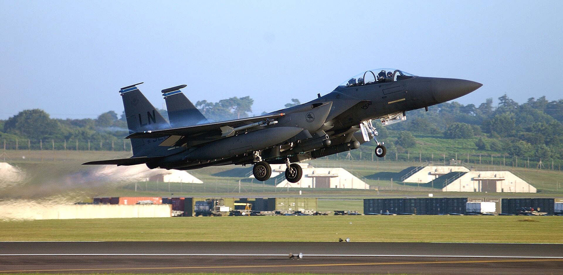 F-15E Strike Eagle assigned to 494th Fighter Squadron takes off from RAF Lakenheath, England, loaded for combat deployment — the unit type shot down over Iran on April 3, 2026