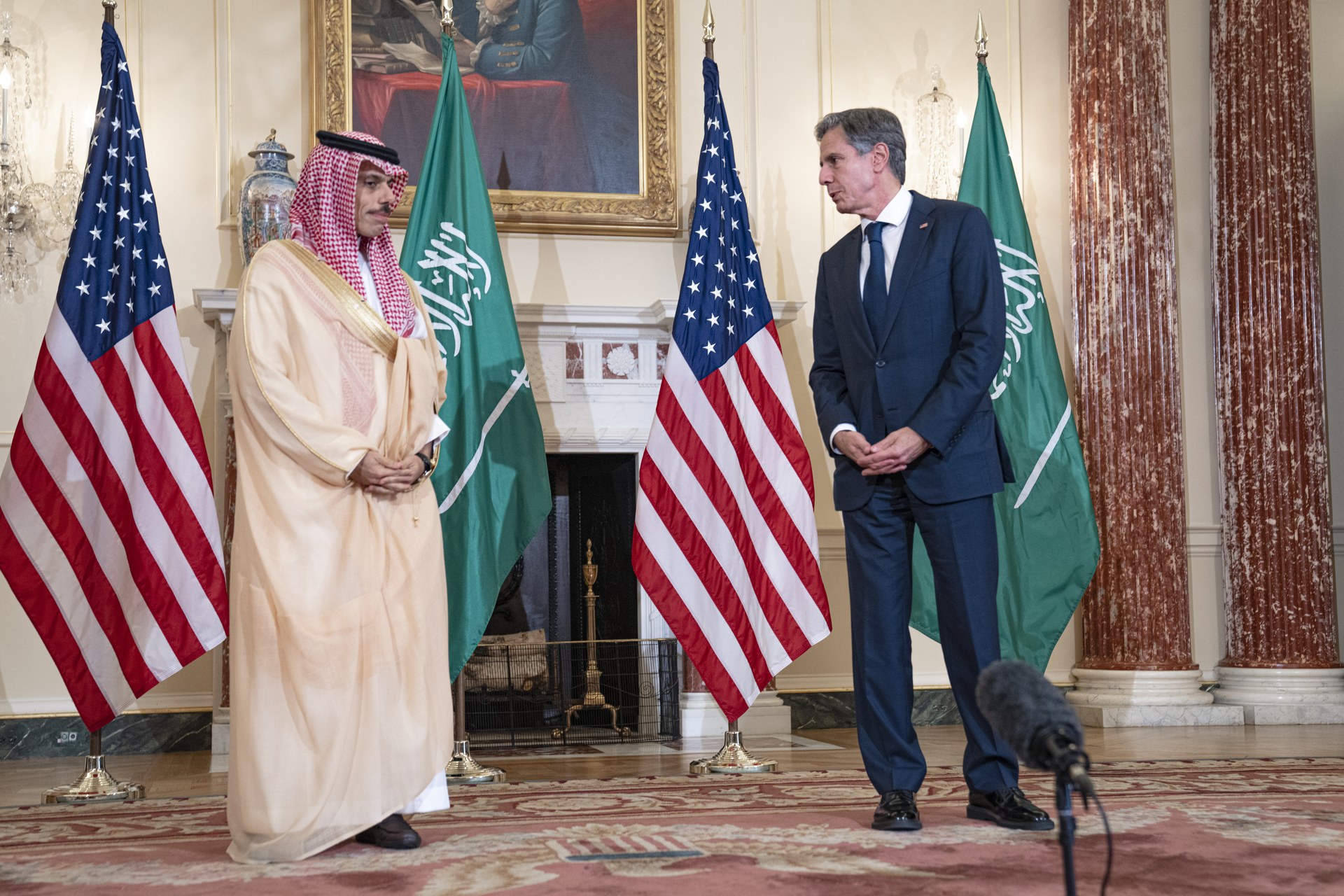 Saudi Foreign Minister Prince Faisal bin Farhan Al Saud meets with US Secretary of State Antony Blinken at the State Department, Washington DC