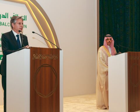 Saudi Foreign Minister Prince Faisal bin Farhan at a joint press availability with US Secretary of State Blinken, June 2023