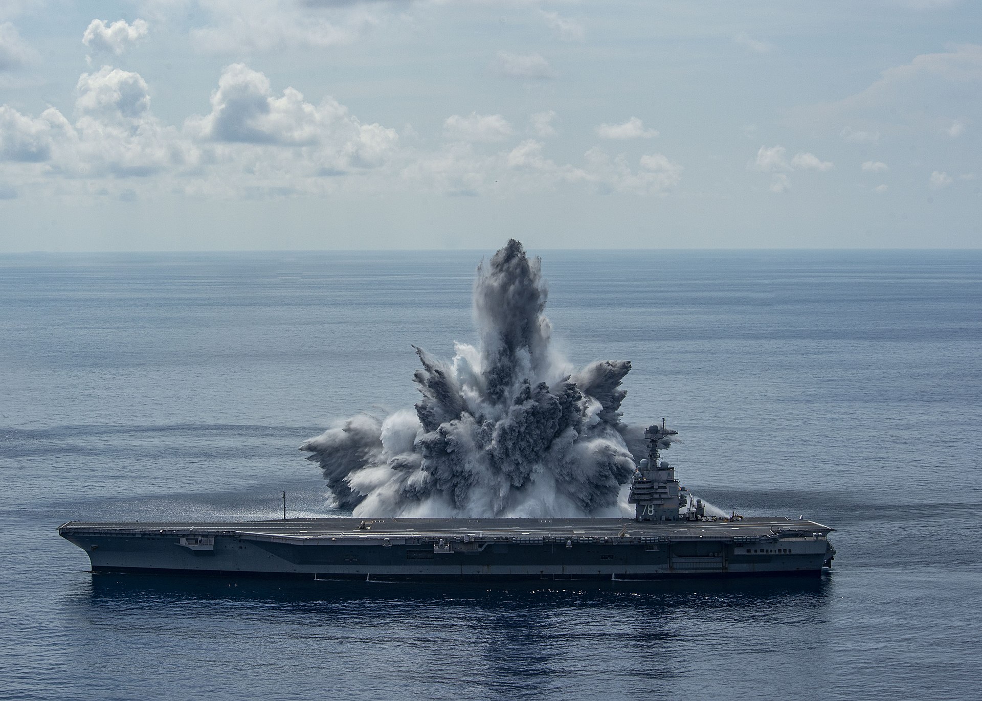 USS Gerald R. Ford (CVN-78) during full-ship shock trial in the Atlantic Ocean, 2021. The carrier is the lead ship of its class and one of two Ford-class carriers deployed to the Gulf of Oman during the CENTCOM blockade.