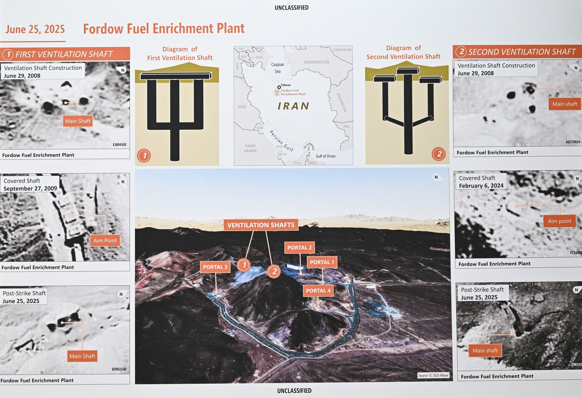 Pentagon declassified briefing chart on Fordow Fuel Enrichment Plant, June 25, 2025 — showing satellite imagery of ventilation shafts, portal locations, and post-strike damage assessment