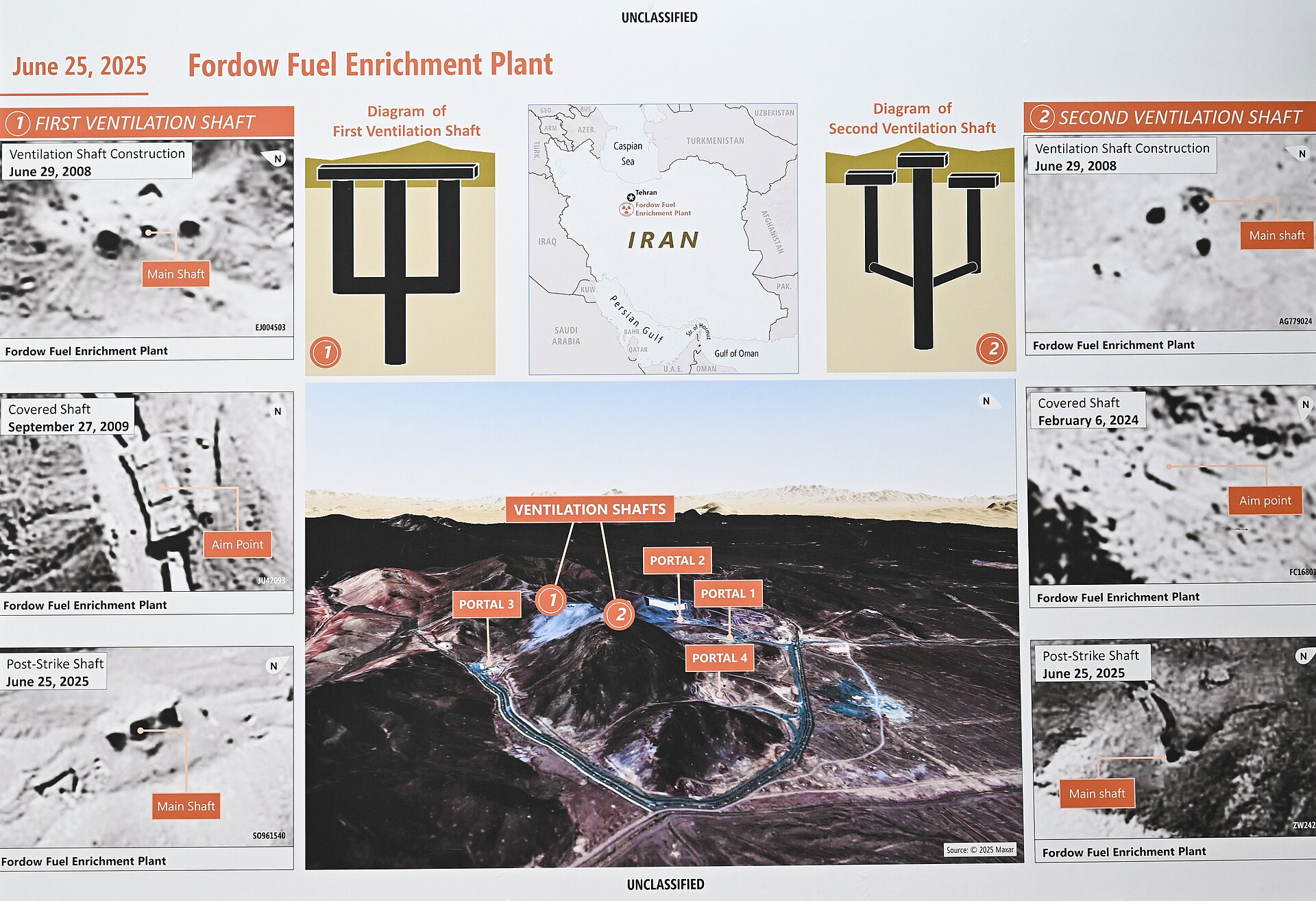Pentagon briefing display showing Fordow Fuel Enrichment Plant satellite imagery and ventilation shaft diagrams, June 2025
