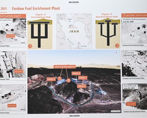 Fordow Fuel Enrichment Plant exhibit at Pentagon DoD press briefing June 2025, showing unclassified satellite imagery of ventilation shafts, portals and post-strike damage assessment