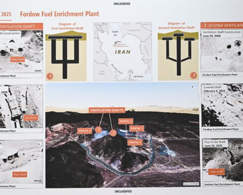 Unclassified Pentagon briefing slide from June 26, 2025 showing Fordow Fuel Enrichment Plant satellite imagery, ventilation shaft diagrams, and Mountain portal strike damage from Operation Midnight Hammer