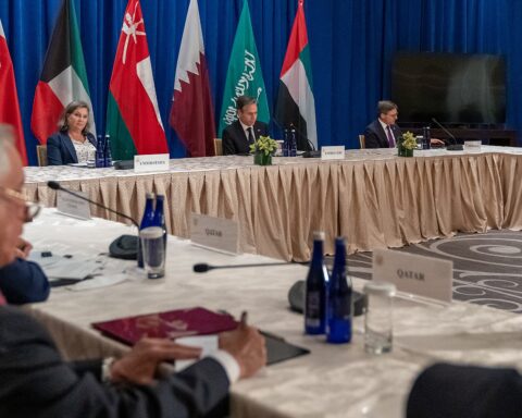 Gulf Cooperation Council foreign ministers multilateral meeting with Saudi Arabia flag, UN General Assembly 2021 — the format of coordinated Gulf diplomacy Riyadh deployed in its April 2, 2026 great-power outreach