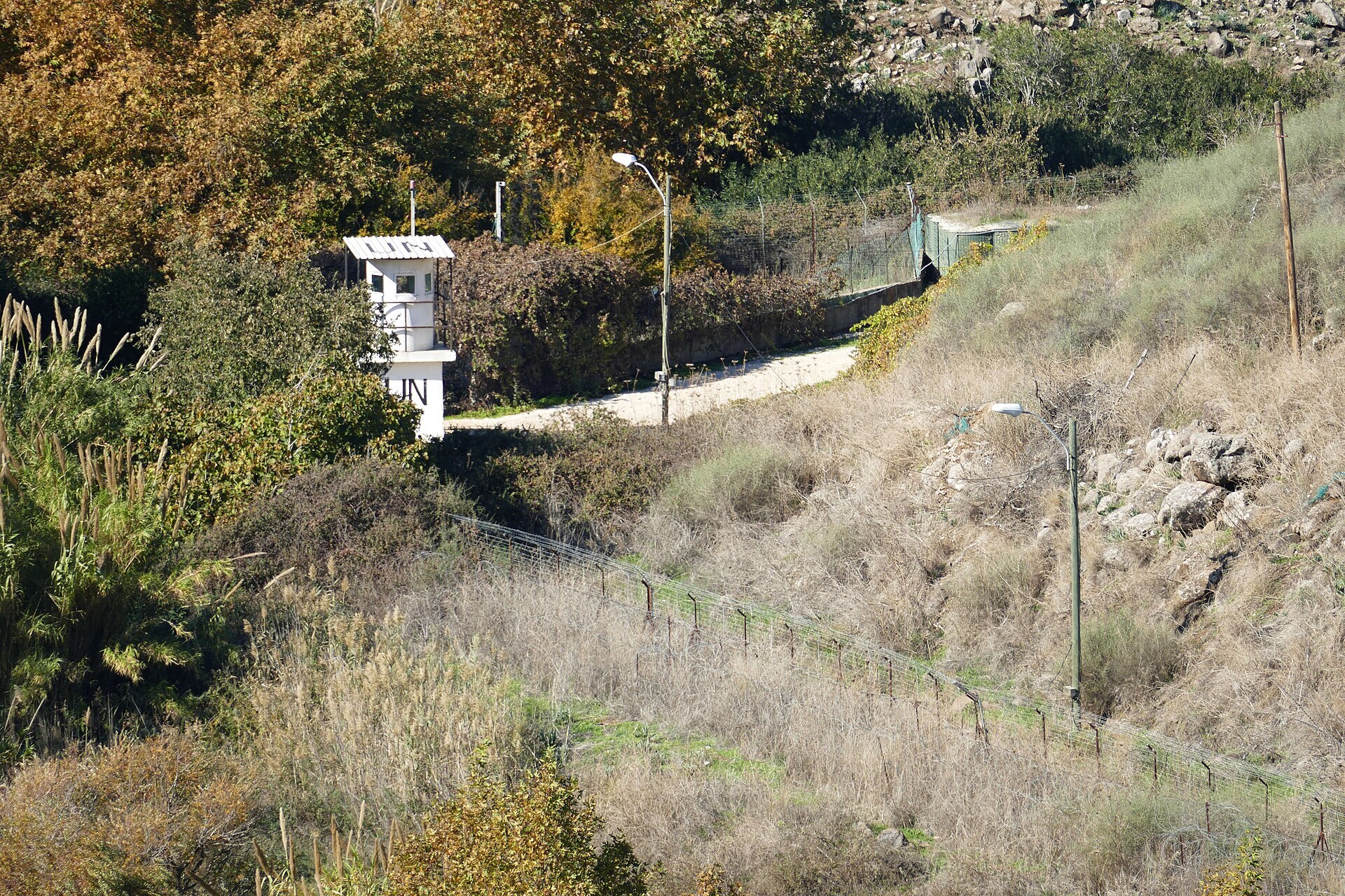 UN watchtower on the Blue Line at Ghajar village, southern Lebanon, marking the boundary between Lebanese and Israeli-controlled territory