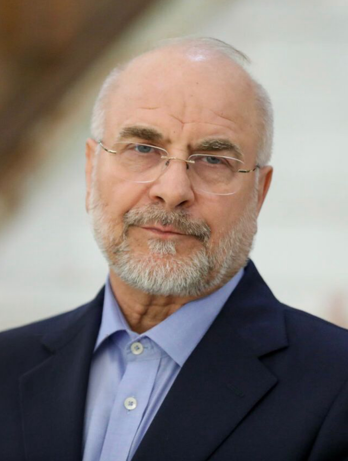 Mohammad Bagher Ghalibaf, Speaker of the Iranian parliament, in civilian dress — April 2025. Ghalibaf, a former IRGC Aerospace Force commander, declared all seven of Trump's nuclear deal claims false on April 17, 2026.