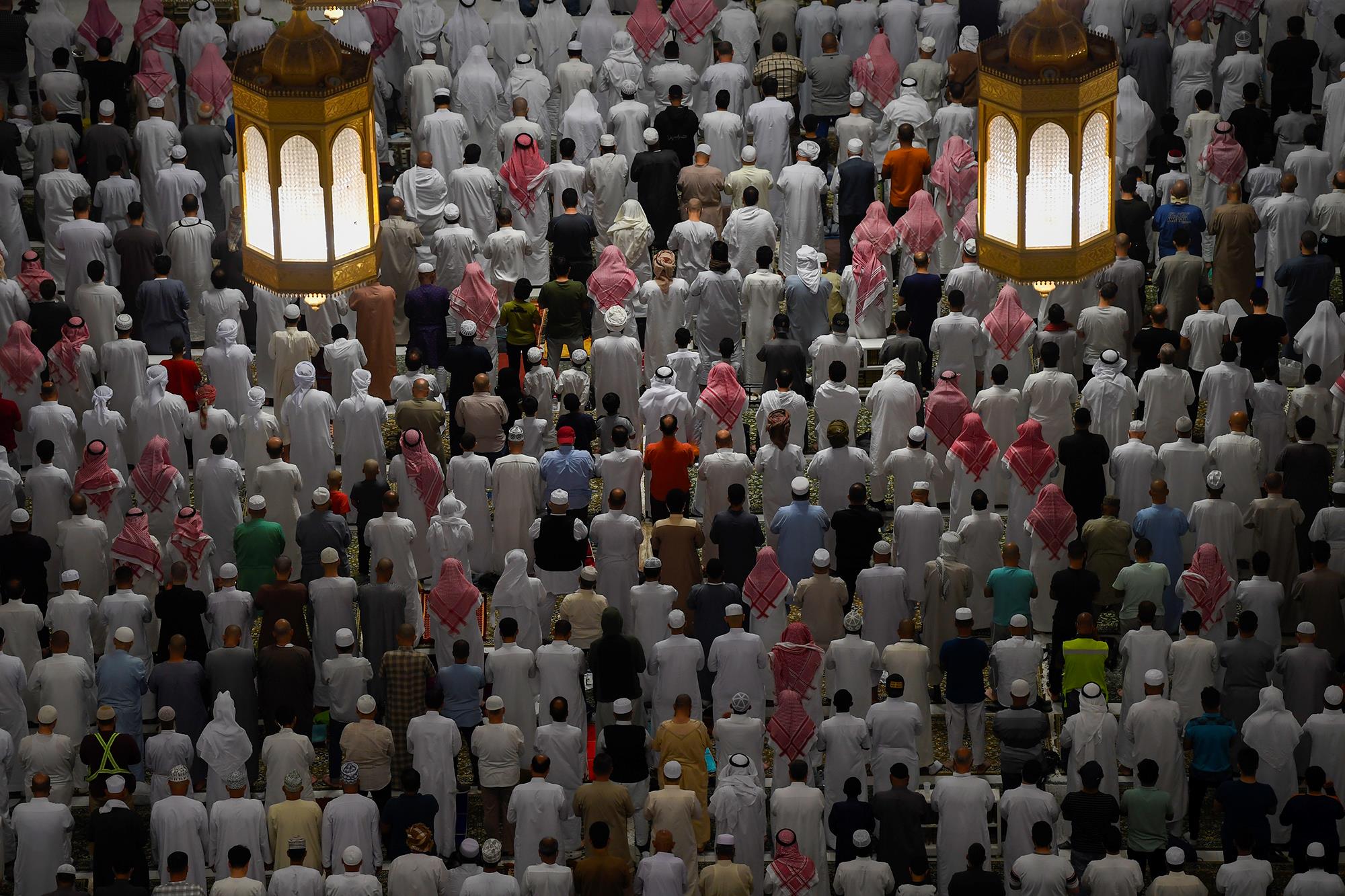 Worshippers praying at the Grand Mosque in Mecca during congregational prayer