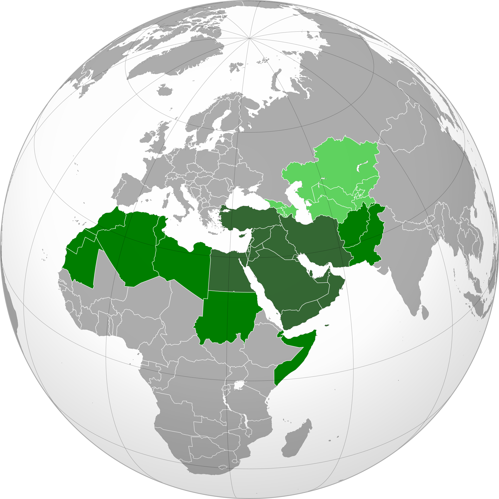 Greater Middle East orthographic map showing the four-nation Islamabad framework countries: Pakistan, Saudi Arabia, Turkey, and Egypt, in the context of the US-Iran war