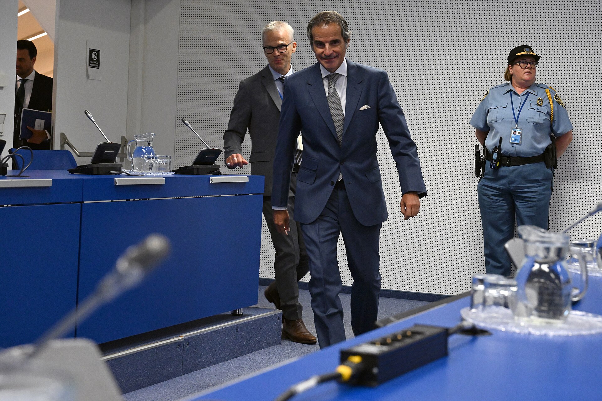 IAEA Director General Rafael Grossi arriving at IAEA Vienna press room for Board of Governors briefing