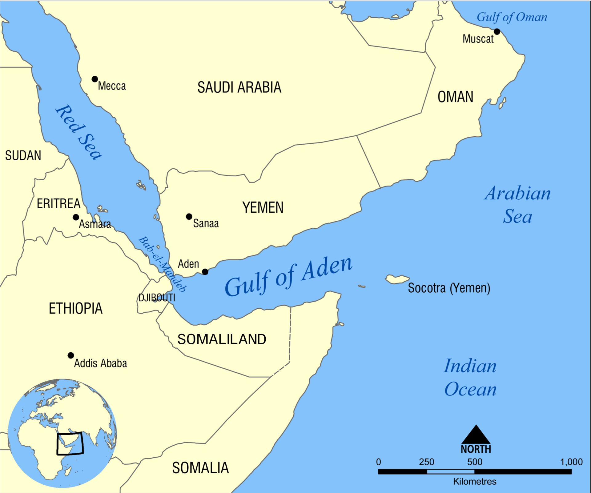 Gulf of Aden map showing Bab el-Mandeb Strait between Yemen and Djibouti, with Red Sea and Arabian Sea