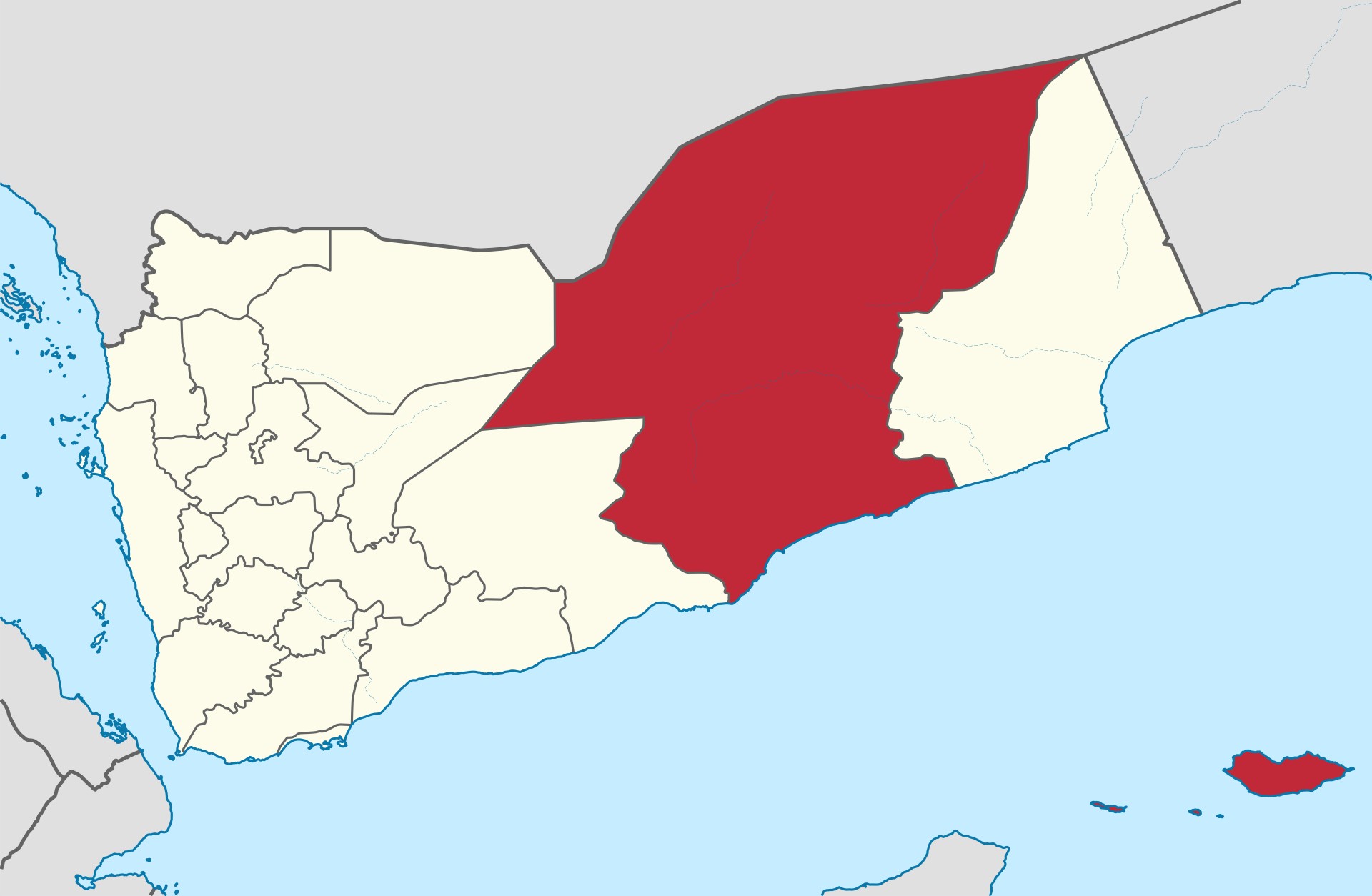 Location map of Hadramaut governorate highlighted in Yemen — the oil-rich province seized by UAE-backed Southern Transitional Council forces in December 2025, triggering Saudi airstrikes on Mukalla port