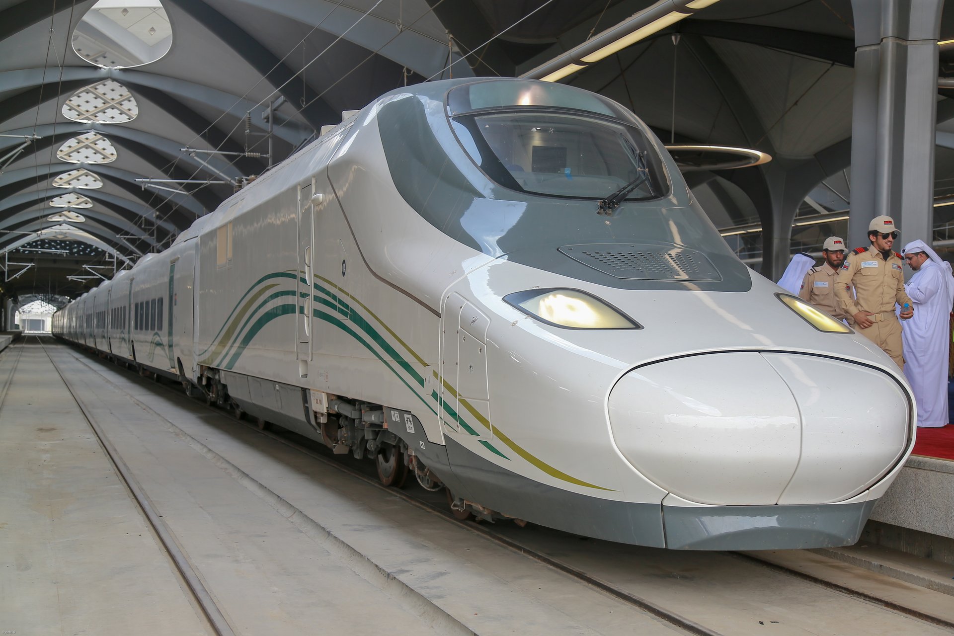 Haramain High-Speed Railway Talgo 350 SRO train at a station platform in Saudi Arabia