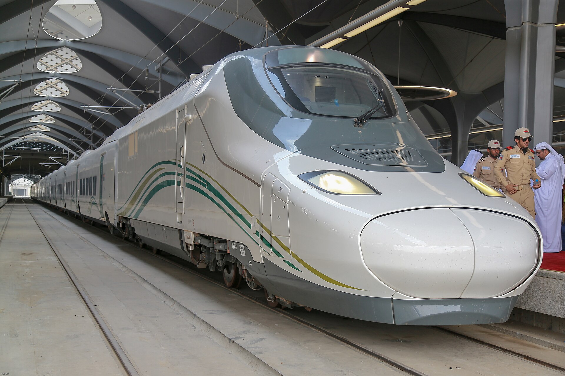 Haramain High-Speed Railway Talgo 350 train at a station platform in Saudi Arabia